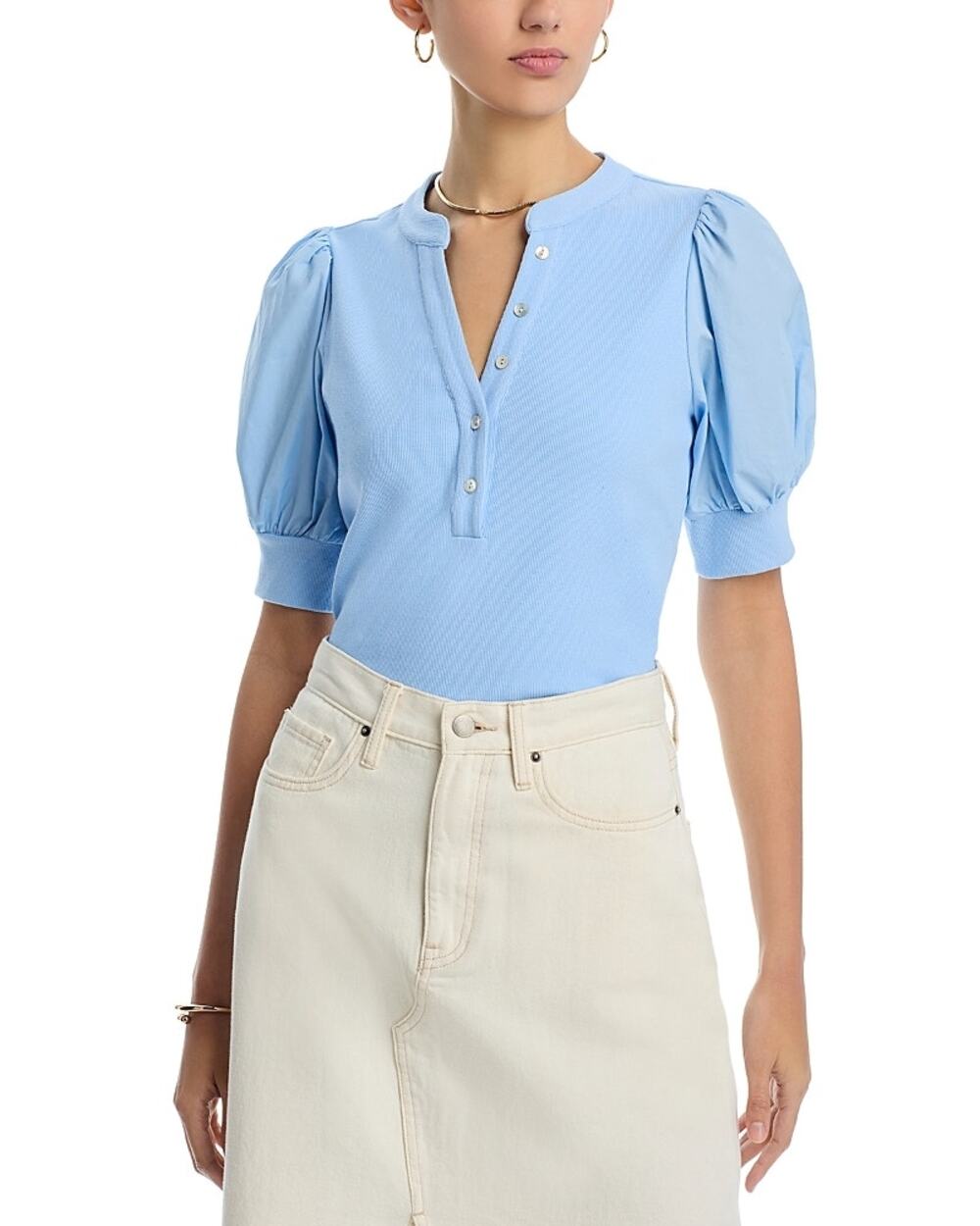 Single Thread Women Light Blue Mixed Media Short Puff Sleeve Henley Top Size XS